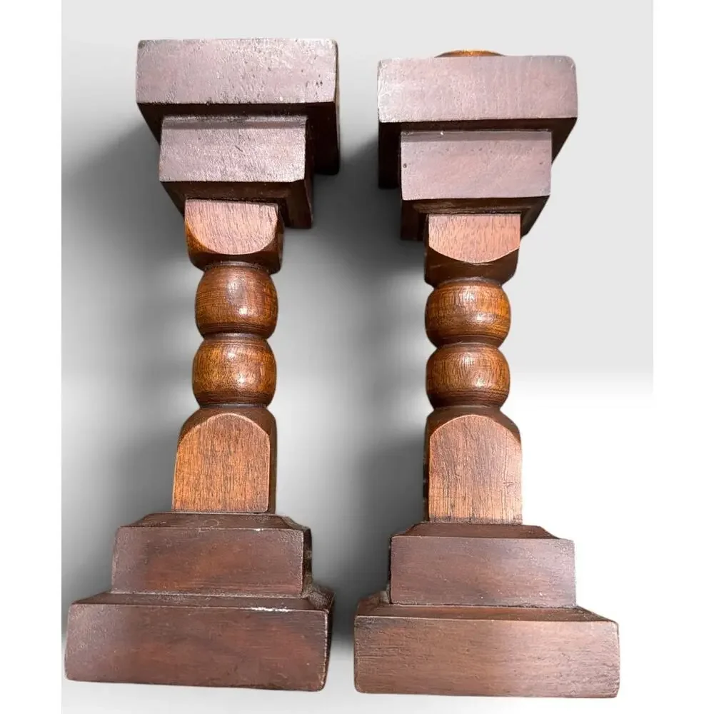 Vintage Hardwood Candlestick Holders Pair Dark Walnut Finish Brass Cups 6.5 Inch